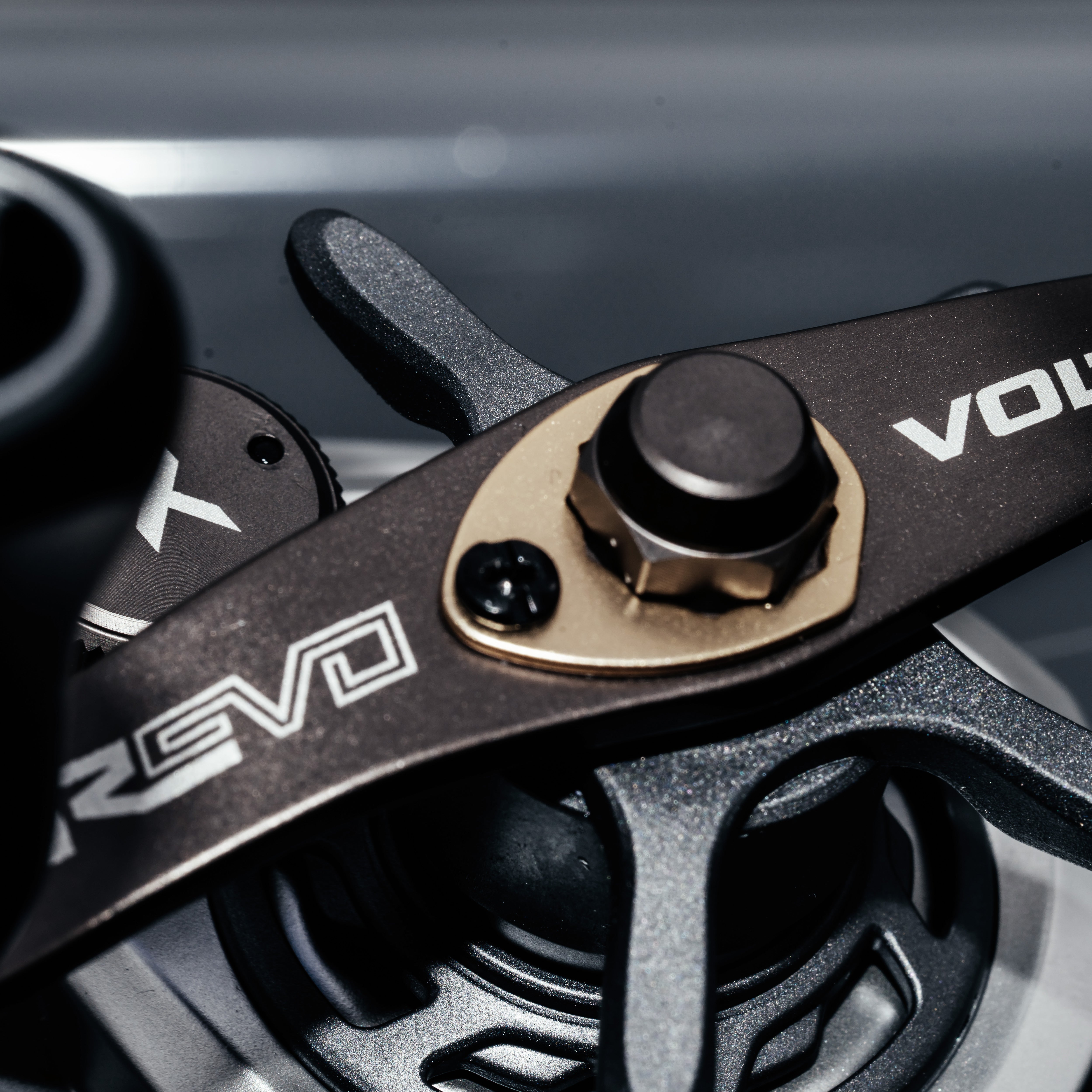 Close-up of a Revo® VoltiQ™ Low Profile Reel with a blurred background